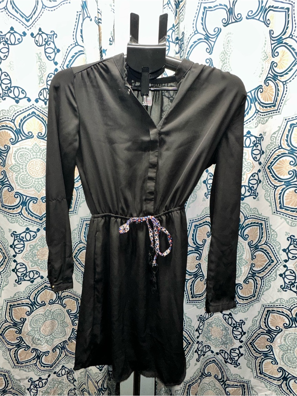 Xhilaration Black Long-Sleeve Tie-Waist Dress with Braided Accent